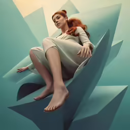 a young woman wearing a white dress sits in the middle of a stylized geometric design