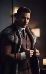 a man in a suit is wearing a fur vest