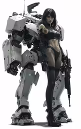 a sexy woman in a black bikini standing in front of a robot
