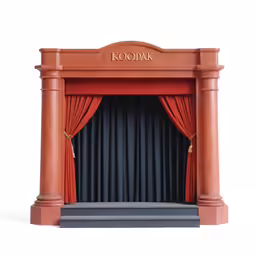 an old theater with red curtains and blue carpet