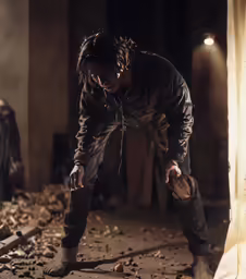 a man in a dirty room with a knife