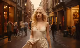 woman with long blonde hair walking in the city