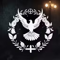 a dove is in the middle of a black and white design,a white dove with flowers and leaves is depicted on a black background