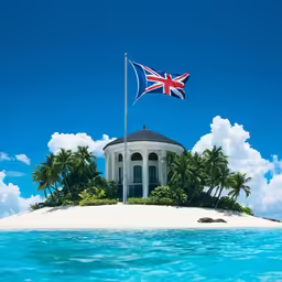 a house with a british flag flies over an island