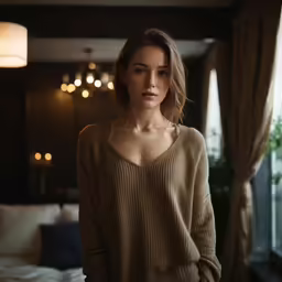 a woman standing in front of a window in her bedroom