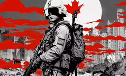 the canadian soldier is holding a gun while standing in front of a city with blood pouring from its,the canadian soldier is carrying a rifle in front of the canadian flag