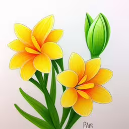 a drawing of flowers on a white surface,two yellow flowers with green leaves on top