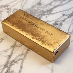 a gold bar sits on a marble countertop