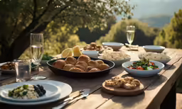 food sitting on a table next to two glasses of water