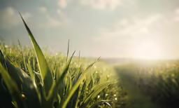 green field with grass and sun shining through the clouds
