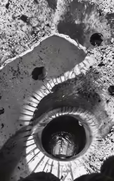 an old drain on the ground with people standing in it