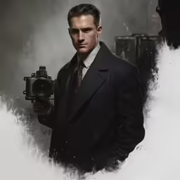 a man dressed in suit and tie holding a camera
