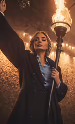 a woman holding a torch up to the sky