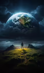 a person standing in the grass in front of the earth