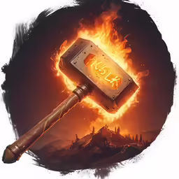 the hammer is surrounded by flames on a dark background