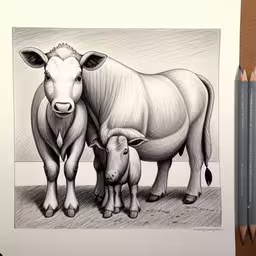 drawing of mother cow with calf on table