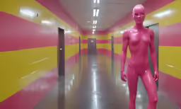 a strange looking pink female figure stands alone in a brightly painted hallway