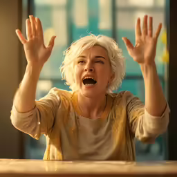 woman looking scared at table with hands raised in front