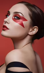 a woman with a face painted with red and white