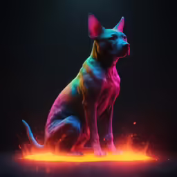 a colored dog is sitting in front of a light