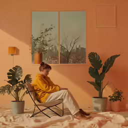 a person in yellow sweater sitting on a chair