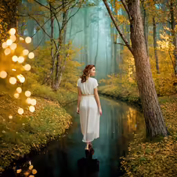 a woman in white dress walking through a forest