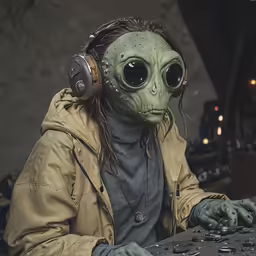 a alien with headphones is sitting at a desk