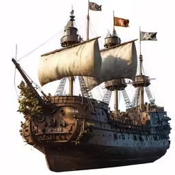 an old ship with flag on top of it