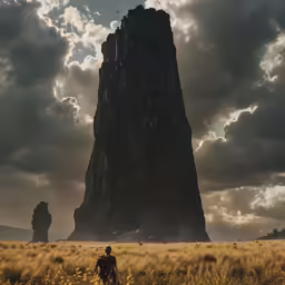 a lone person in the distance walks through a field next to an enormous rock formation