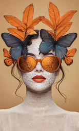 a woman with lots of butterflies on her face