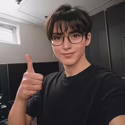 a person with glasses gives the thumbs up