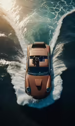 an orange car driving through the ocean