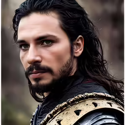 a man with long hair and black eye makeup