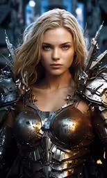 a female in armor posing for the camera