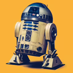 a robot sitting down on the ground in front of a yellow background
