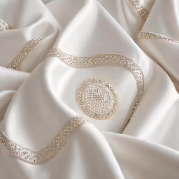 a white silk fabric with a circle and diamond embellishment
