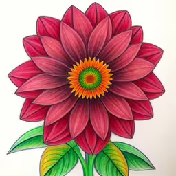 this is a colorful drawing of a flower,a bright colored flower with green leaves