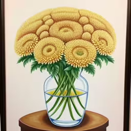 a painting of a vase filled with yellow flowers,this is a painting of flowers in a vase