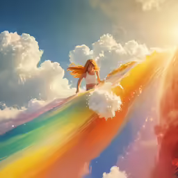 a beautiful woman riding a rainbow surfboard down a cloud covered ocean