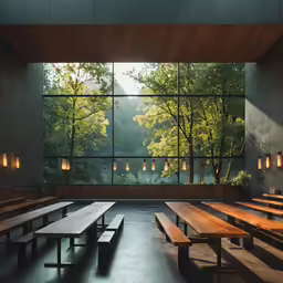 the tables and benches in the empty hall are all made of wood