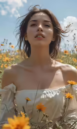 a woman in white dress standing next to some flowers
