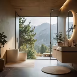 there is a bathroom with a mountain view