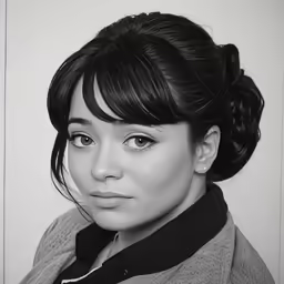 a woman is posing with a ponytail bun in her hair