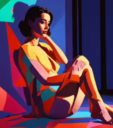 the woman in orange is sitting on the colorful rug,the woman sits with her legs crossed while she looks at something on the ground