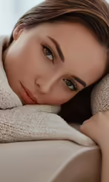 a woman is laying down on a couch