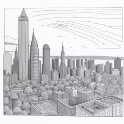 an artistic pencil drawing of new york city,city drawing of skyscrapers and urban landscape,a drawing of a city skyline,a drawing of a city with skyscrapers and other buildings,black and white image of a city skyline