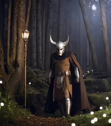 a knight is standing in the woods wearing a horned head