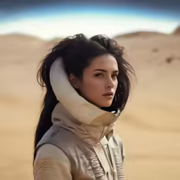 there is a woman with long hair standing in the desert
