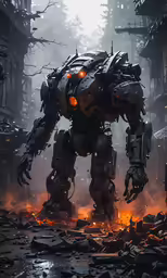 a robot standing on fire with city in the background