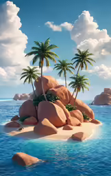the water has two rocks and three palm trees on top
